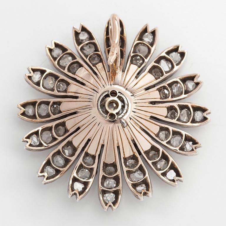 Brosch/hårsmycke/hänge, 18K guld/silver och gammalslipade diamanter, Franska stämplar, 1900-talets början.