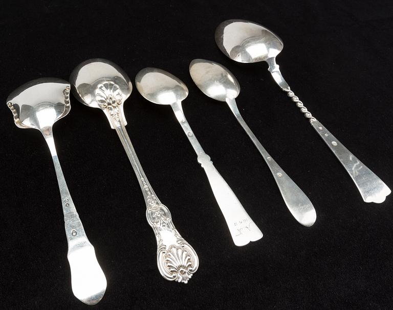 A set of five different Danish silver spoons, 1920's.