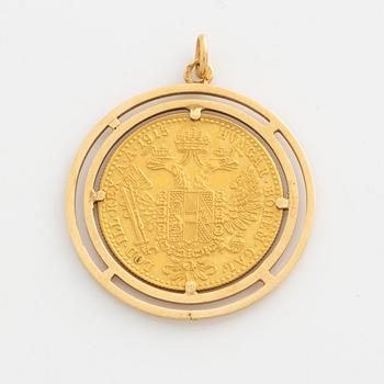 Gold coin 1 ducat, Austria-Hungary, with 14K gold pendant.