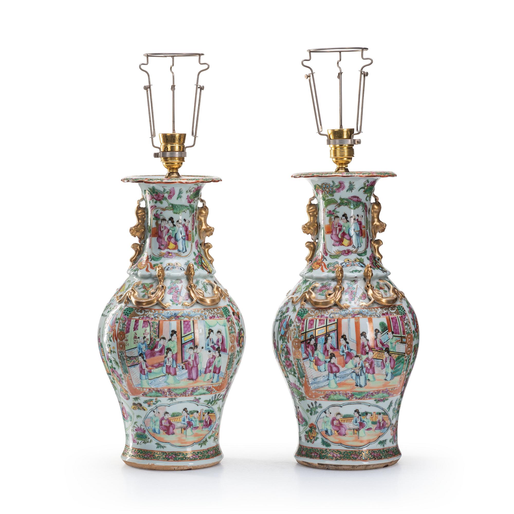 A pair of famille rose Canton vases made in to lamps, Qing dynasty, 19th Century.