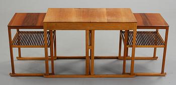 A Carl Malmsten mahogany set of occasional tables 'Släden/Sledge'.