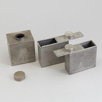 Three Chinese teacaddies in tin, Qing dynasty, 19th century.