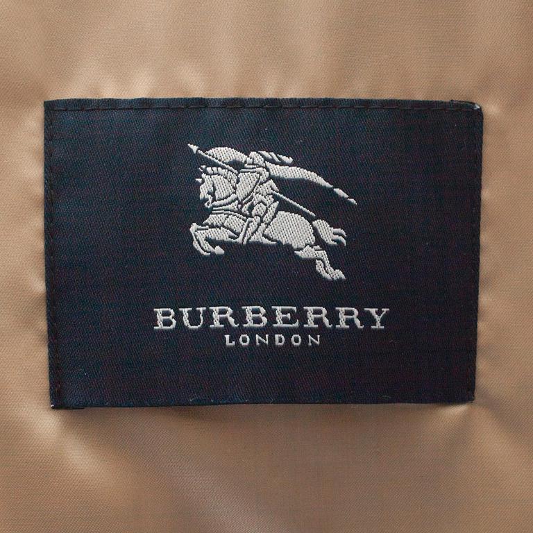 BURBERRY, a black leather overcoat.