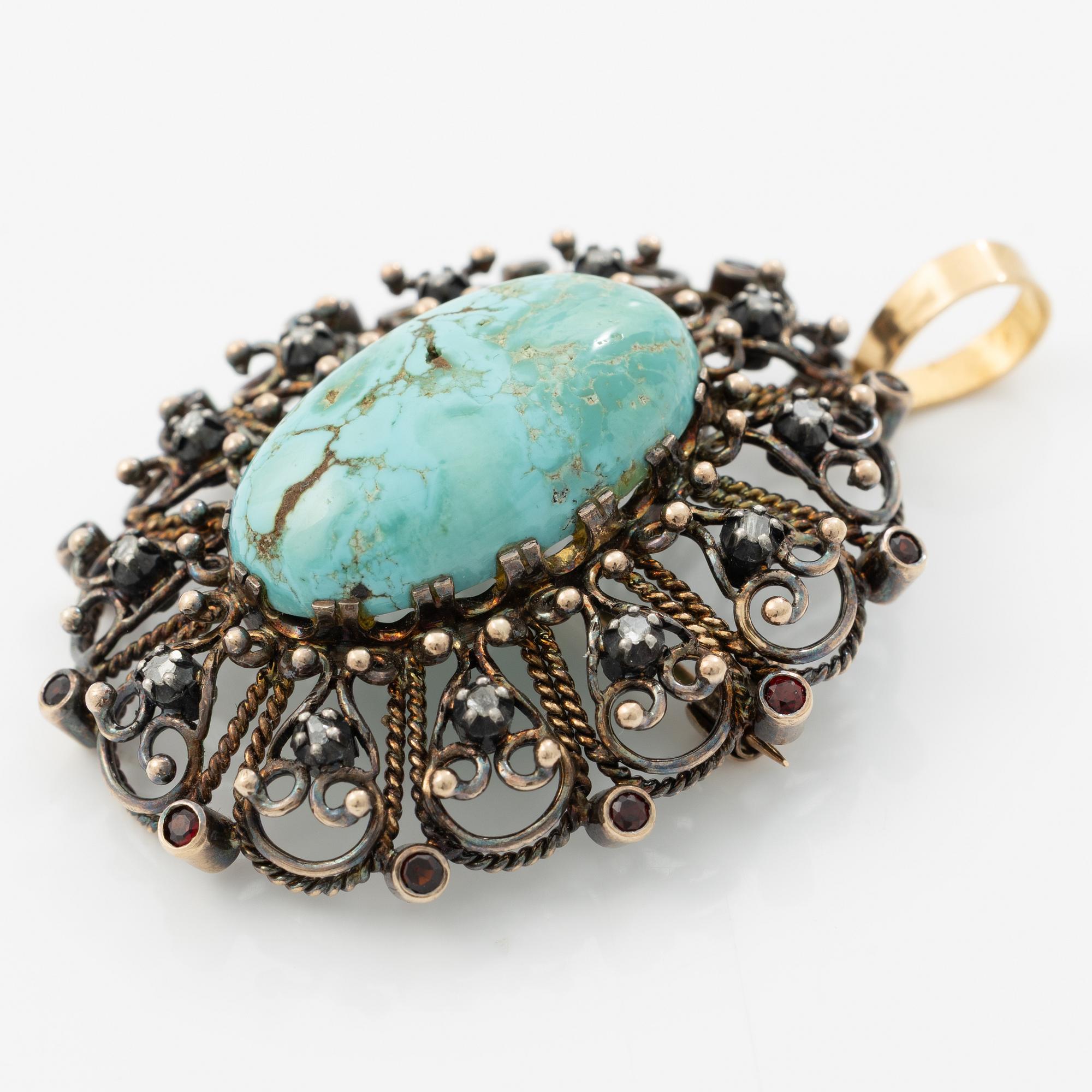 Brooch/pendant, 18K gold and silver with rose-cut diamonds, turquoise and garnets.