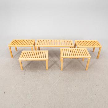 Alvar Aalto, a set of five birch benches model no 153 and 153B.