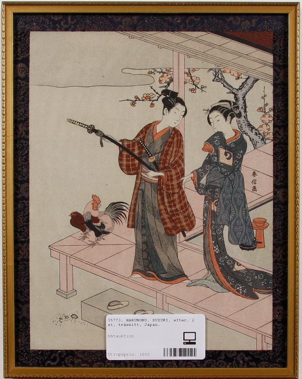 HARUNOBU, SUZUKI, hans efterföljare, 2 st, träsnitt, Japan, 1800/1900-tal.