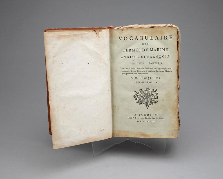 BOK, "Vocabulaire des Termes de Marine Anglois et Francois", 2 sambundna vol, av M. Lescallier, London 1783.