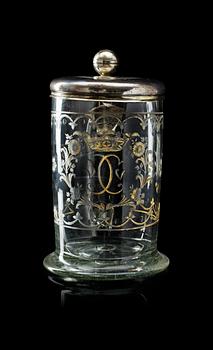 1389. A large Swedish engraved silver gilt mounted tankard, 18th Century.