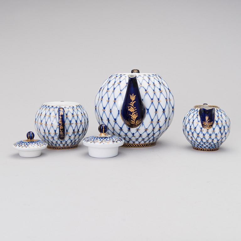 A "Cobolt net" porcelain tableware set, consisting of 45 pieces, Lomonosov, late 20th century.