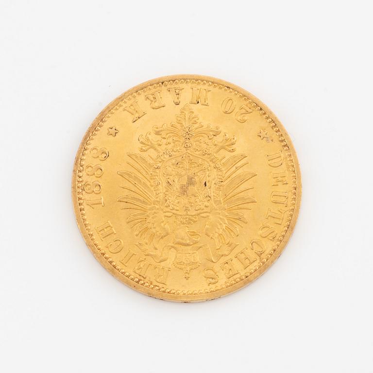 Guldmynt, Tyskland, Friedrich av Preussen, 20 mark, 1888.