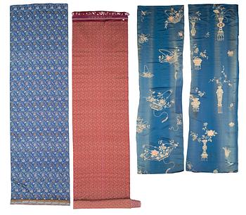 1344. Four pieces of old Chinese silk fabrics.