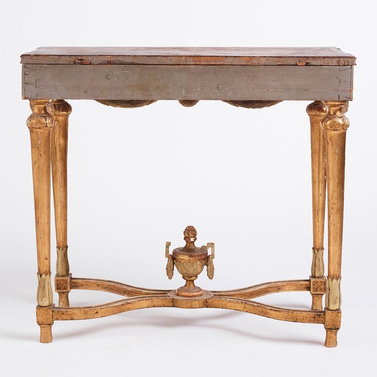A Gustavian giltwood and faux-porphyry console table, late 18th century.