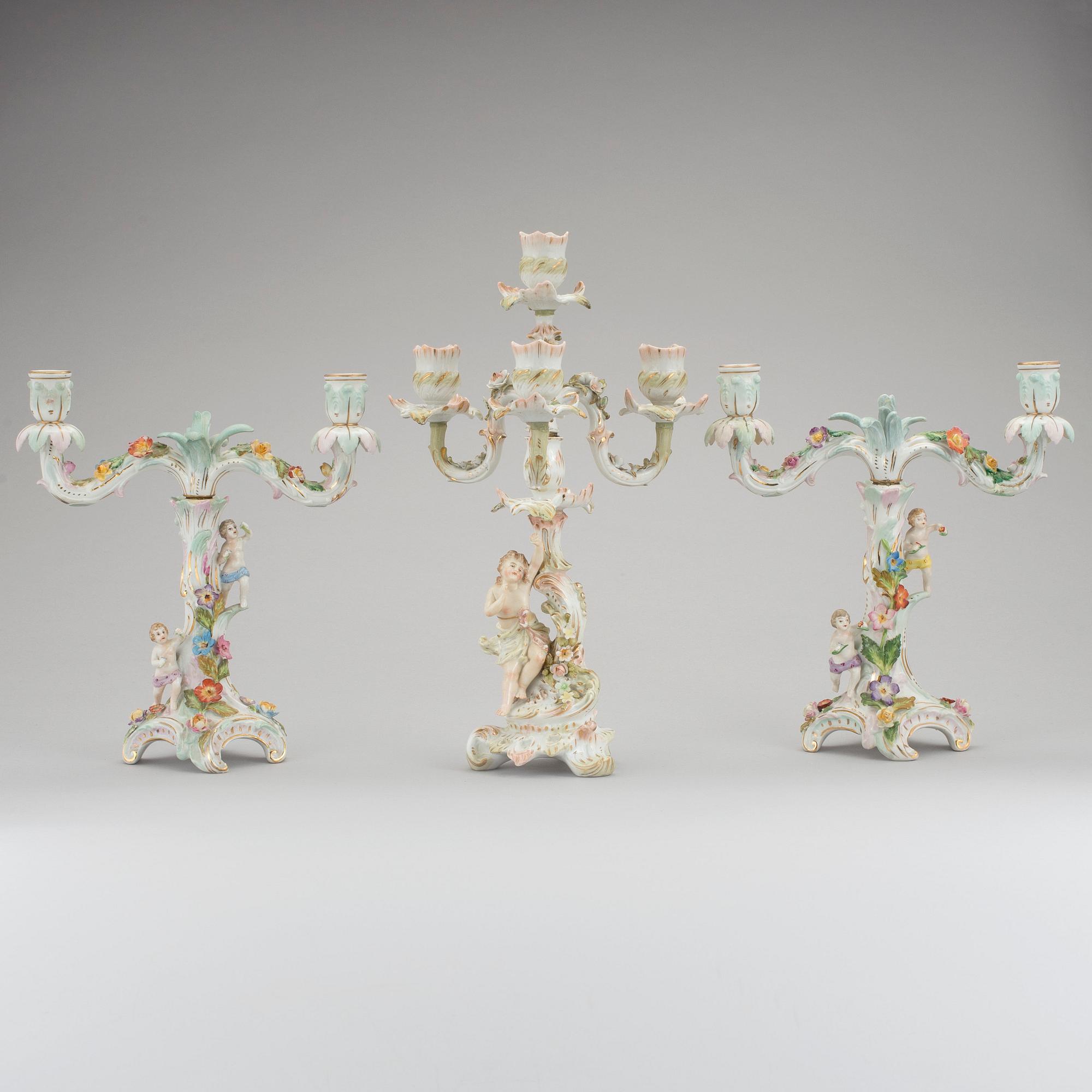 3 porcelain candelabra, Sitzendorf & Dresden, 19th and 20th century.