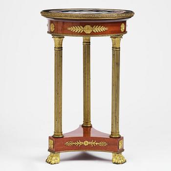 An Empire-style mahogany table with a pietre dure, micromosaic and specimen marble top, mid 19th century.