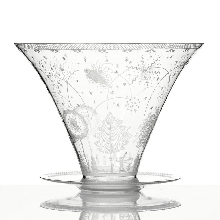 Edward Hald, a Swedish Grace "Fyrverkeri" (Fireworks) engraved glass bowl with a plate, Orrefors, Sweden, 1925, model 248.