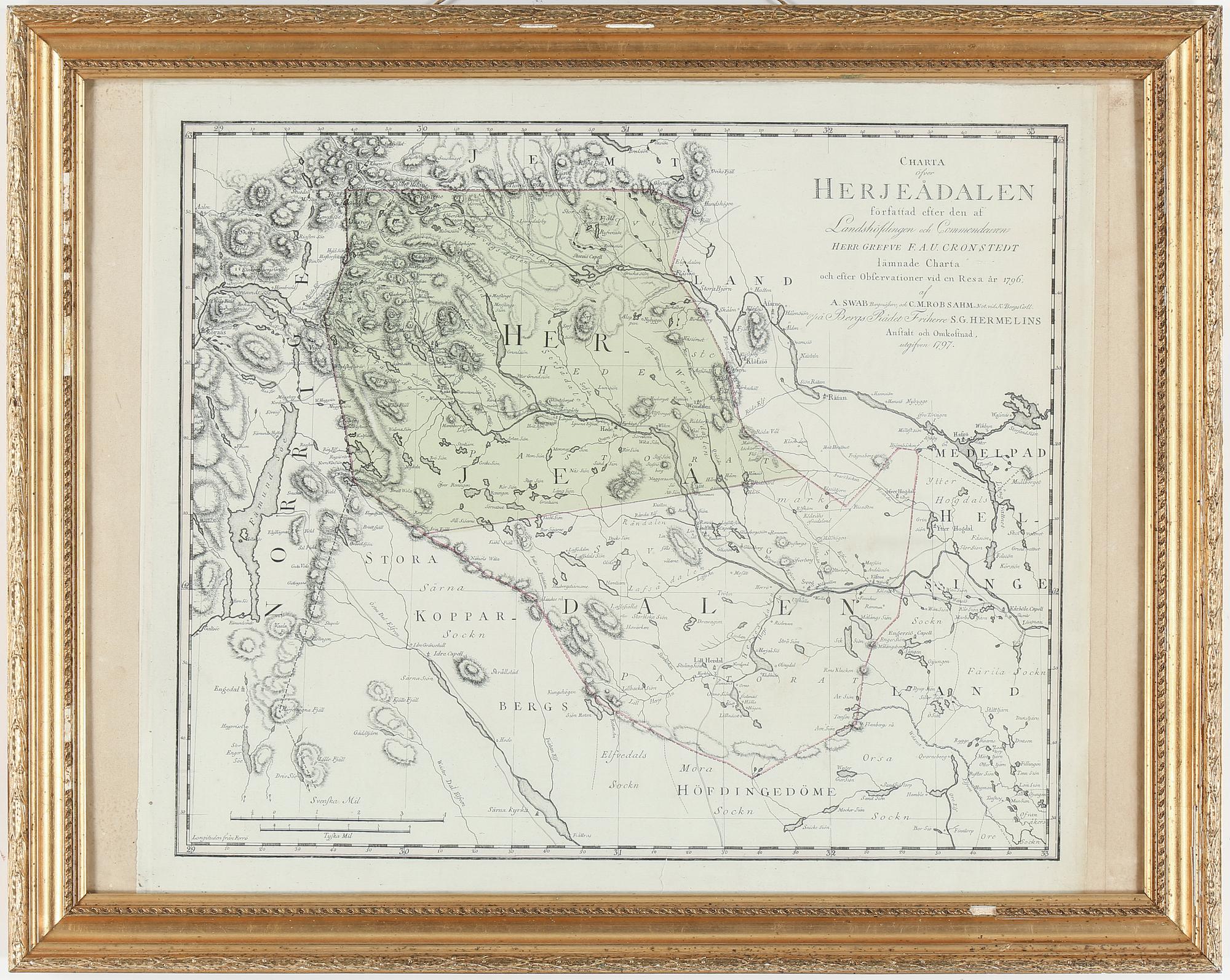 KARTA, över Härjedalen. F.A.U Cronstedt, utgiven 1797.