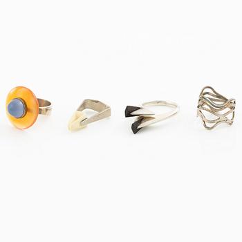 Four rings, silver and including carnelian, among others Cecilia Johansson, Gothenburg 1968.