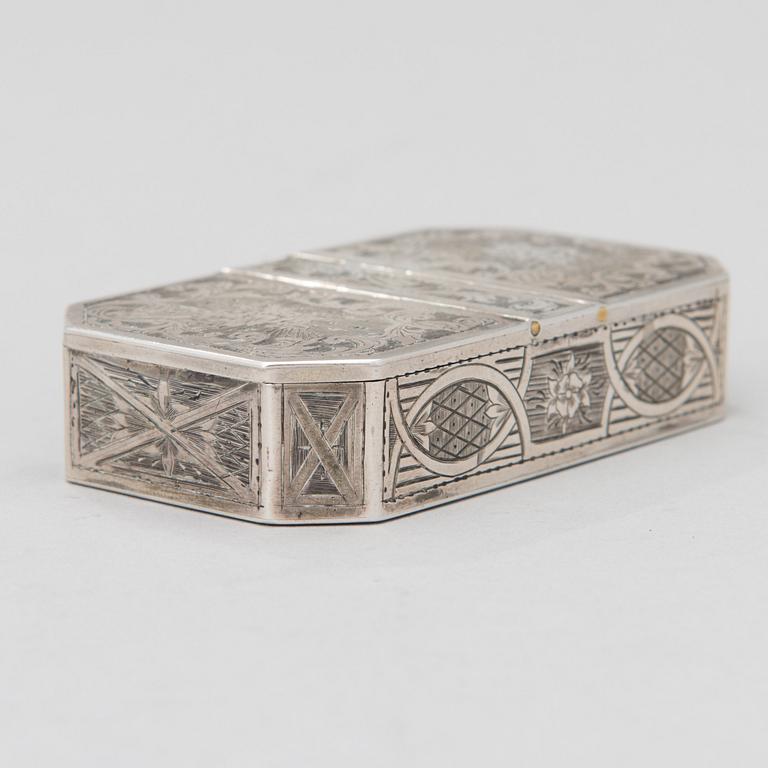 A RUSSIAN SNUFF BOX, silver, Moscow 1856?, goldsmith N.Mishailov, essay master Viktor Sasikov 1855-1888.