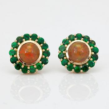 A pair of opal, tsavorite and brilliant-cut diamond earrings.