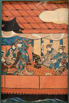 UTAGAWA KUNISADA, (1786–1864), four colored woodblock prints. Japan, 19th century.