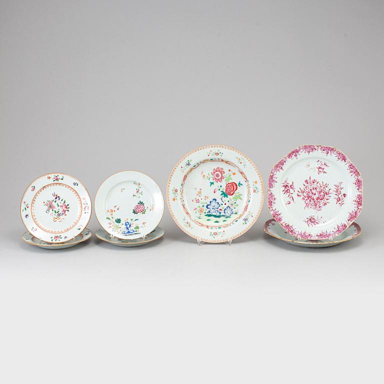 Three famille rose export porcelain plates and four dishes, Qing dynasty, Qianlong (1736-95).