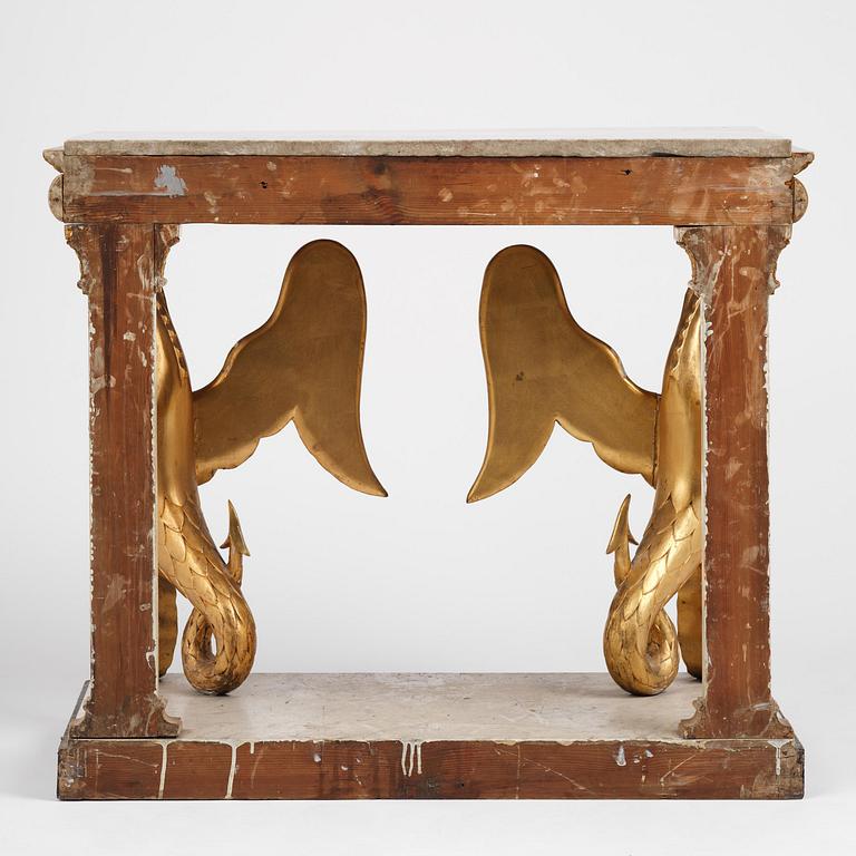 A Swedish Empire gilt wood and white marbel console table.
