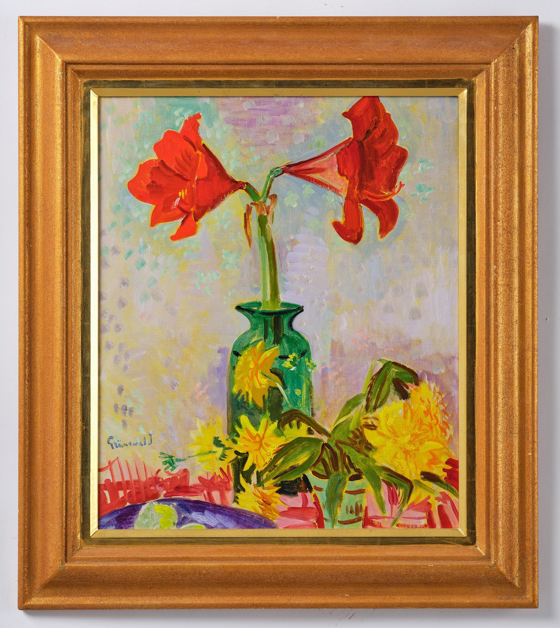 Isaac Grünewald, Stilleben med amaryllis i grön vas.