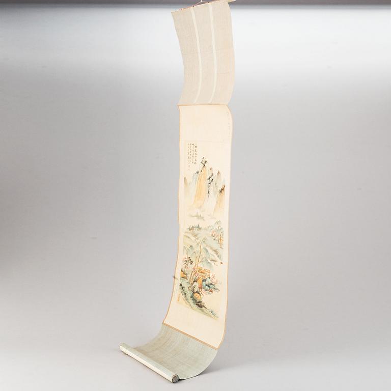 Peng Gongfu (1897-1963), a Chinese hanging scroll, ink and colour on silk, signed and dated 1958.