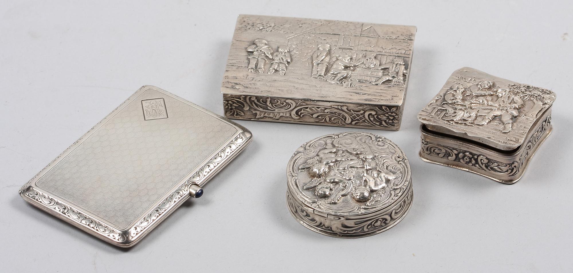 DOSOR SAMT ETUI, 4 st, silver, svenska importstämplar, 1900-tal.