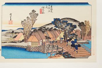 ANDO HIROSHIGE, senare avdrag, mapp, "The fifty-three stations on the tokaido", utgiven av Kata Hanga Kenkyujo.