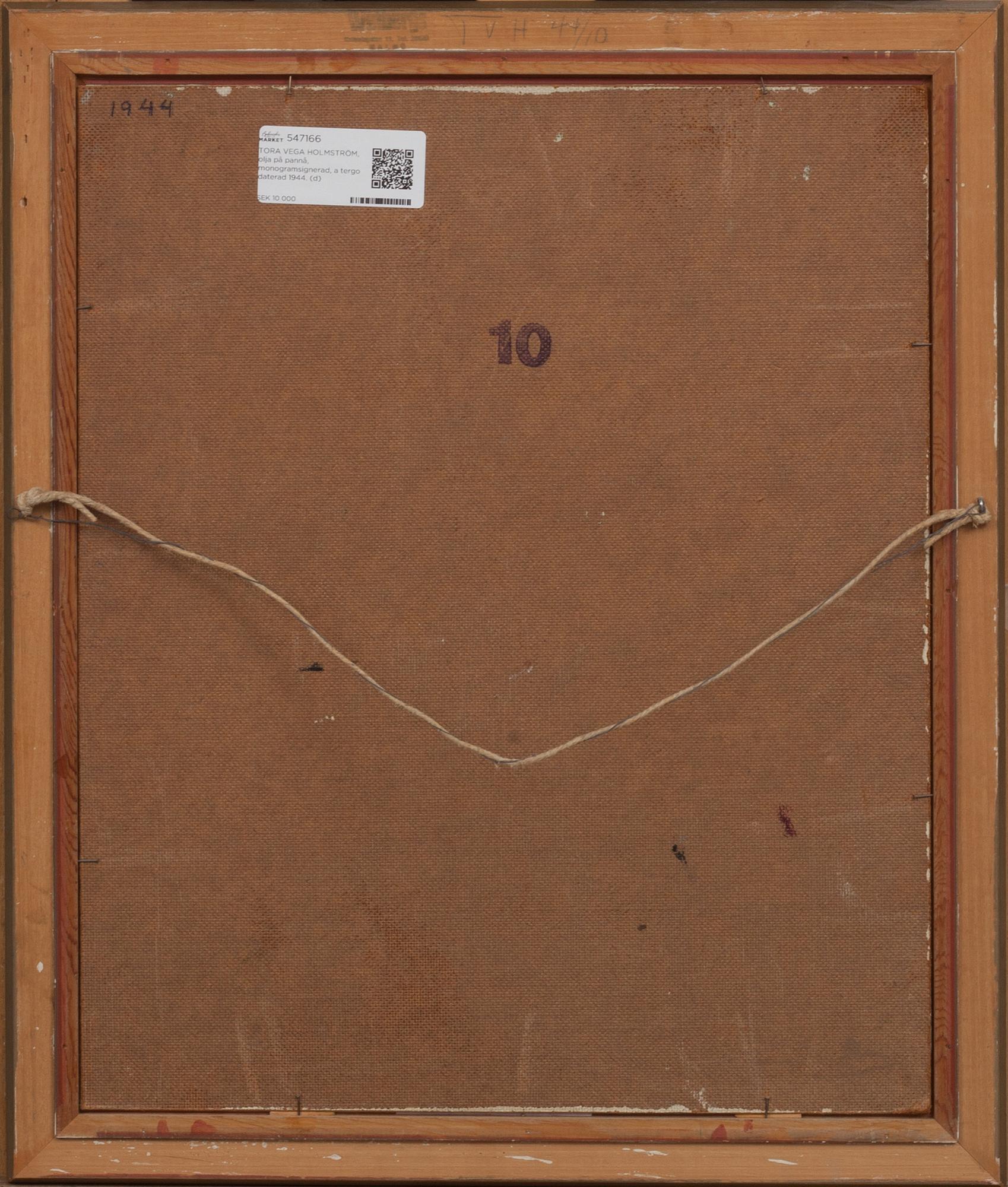 TORA VEGA HOLMSTRÖM, olja på pannå, monogramsignerad, a tergo daterad 1944.