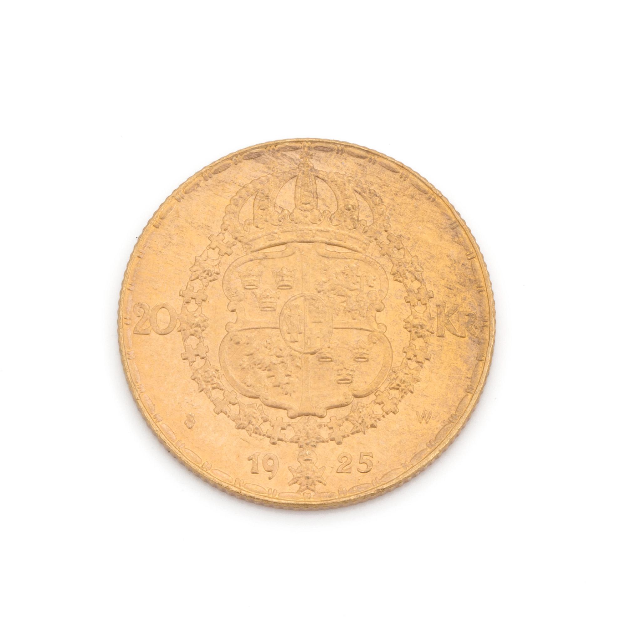 An old swedish coin in gold, 20 kronor, Gustaf V, from 1925. 9 gram.