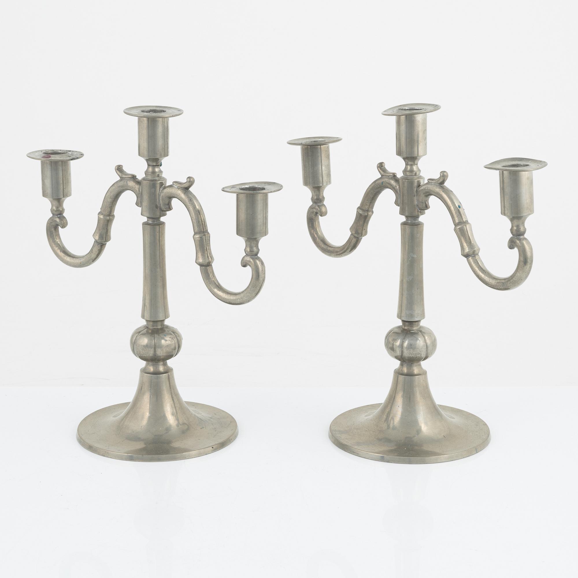 Edvin Ollers, a pair of pewter candelabra, Stockholm, 1922.
