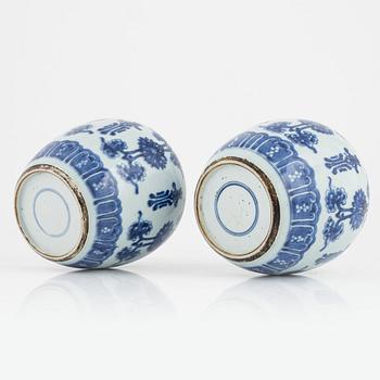 A pair of Chinese blue and white jars, Qing dynasty, 18th Century.