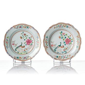 A set of six famille rose 'double peacock' soup dishes, Qing dynasty, Qianlong (1736-95).