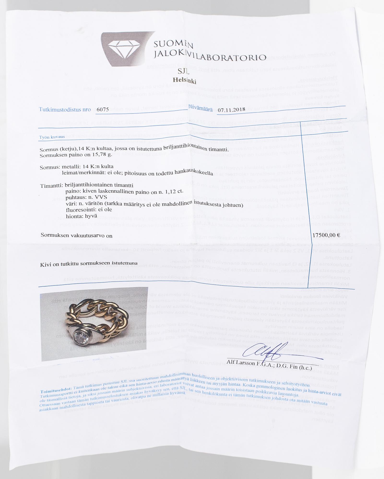 A 14K gold ring with a ca. 1.12 ct diamond. With certificate.