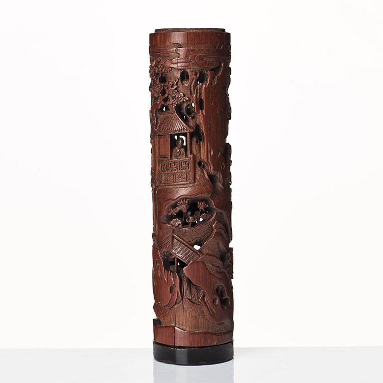 A carved cylindrical bambo parfumier, Qing dynasty, 19th Century.