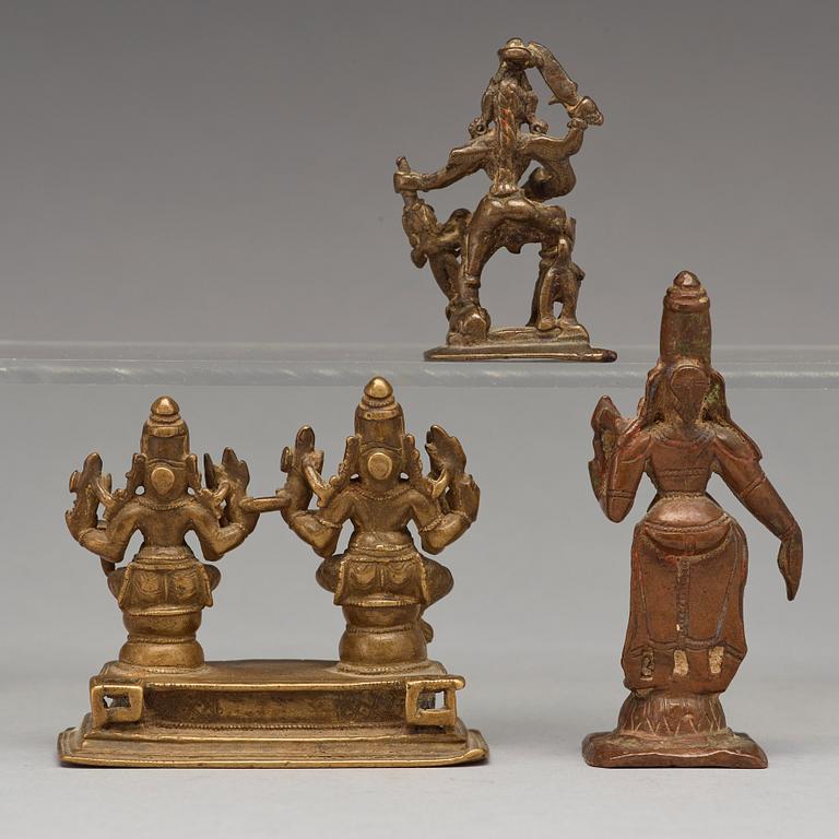 A group of three copper alloy figures of deities, India, 19th Century.