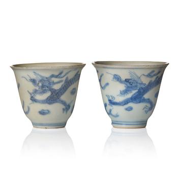 A pair of blue and white wine cups, 'Hatcher Cargo', 17th Century.