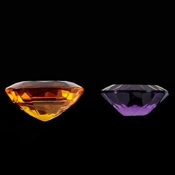 ÄDELSTENAR, 2 st, ametist och citrin, oinfattade.