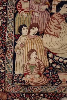 Matta, antik Kirman Laver figural, ca 238-242 x 153-157 cm (samt en kortsida med 1 cm slätväv).