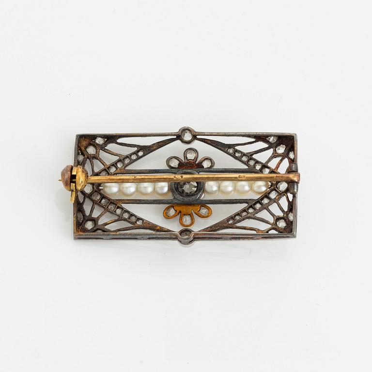 Old cut and rose cut diamond and pearl brooch.