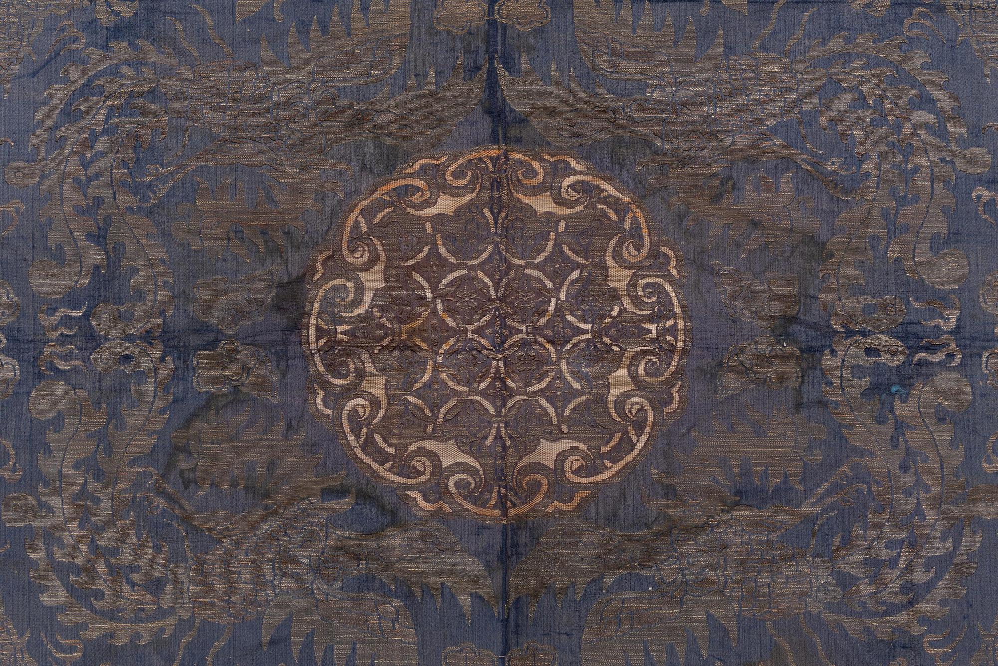 A blue silk and metal-thread  'five-clawed dragon and phoenix' panel, Qing dynasty, around 1800.