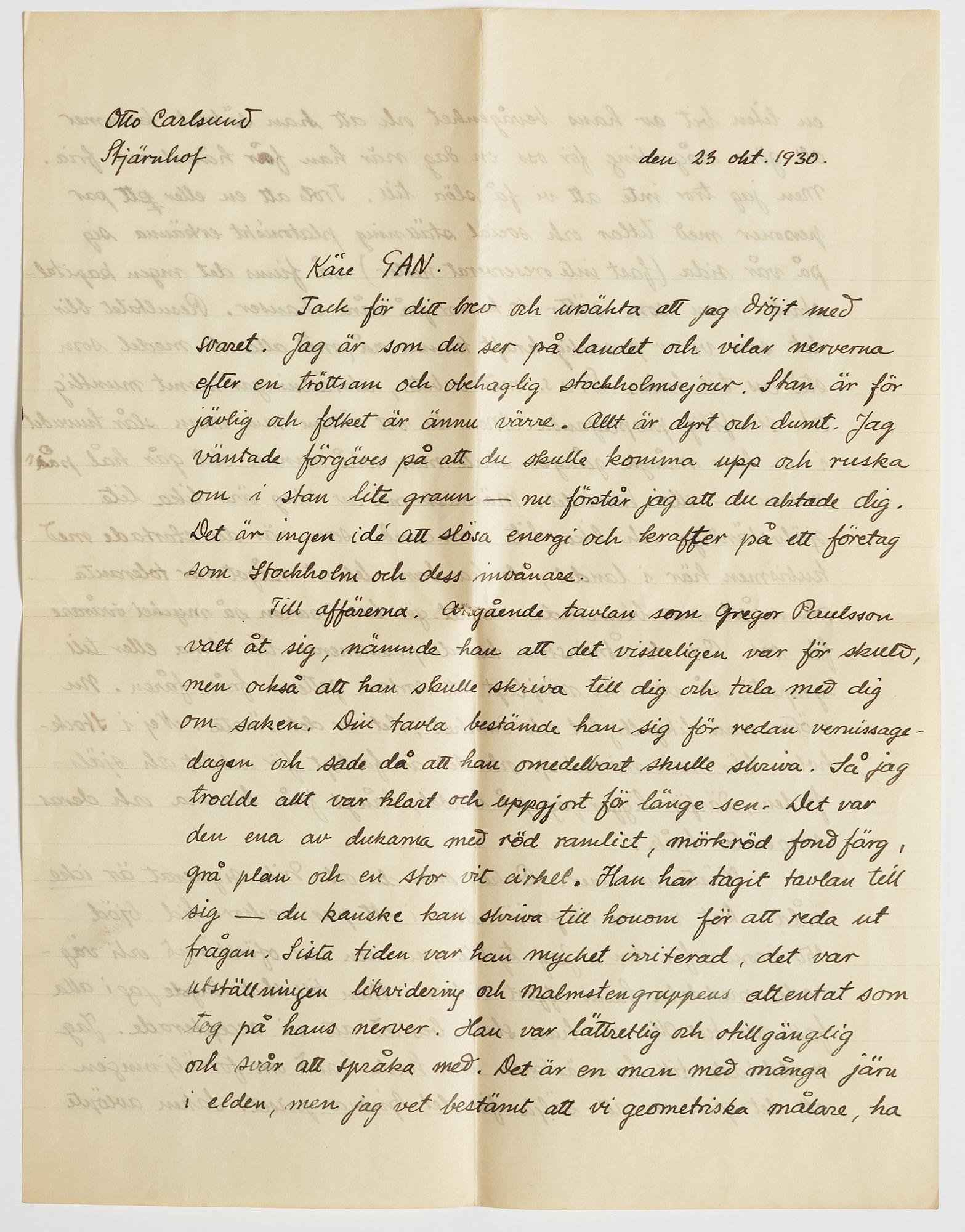 LETTER from Otto G. Carlsund to GAN (Gösta Adrian-Nilsson) in Lund, dated Stjärnhof 23 okt. 1930.