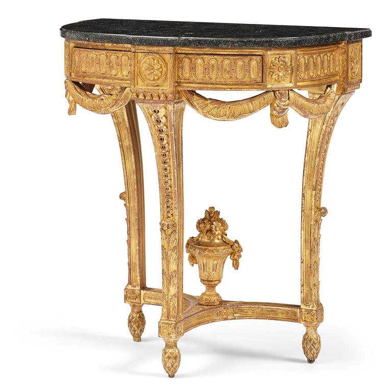 A Gustavian carved giltwood console table, Stockholm, late 18th century.