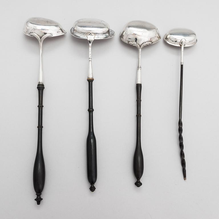 Four silver ladles, Sweden and England, 18th and 19th centuries.
