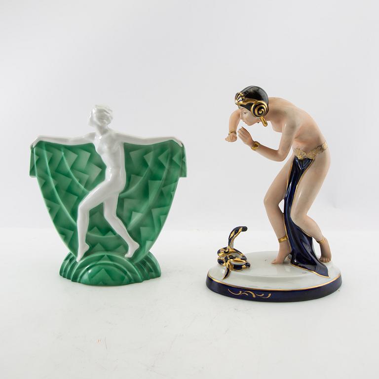 Figurines 4 pcs including Royal Dux and Wallendorf Germany mid-20th century porcelain.