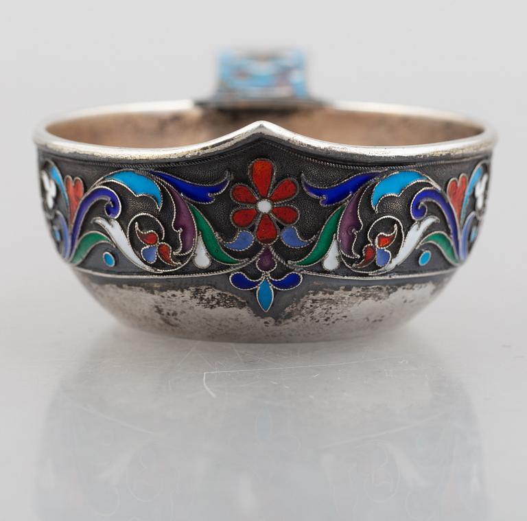A Russian silver and enamel kovsh, 1896-1908.