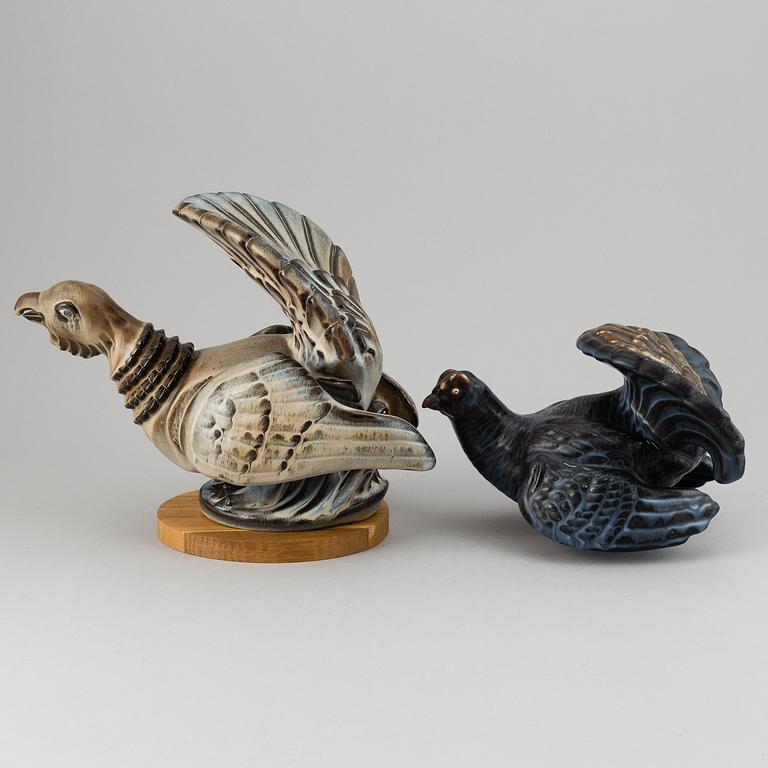 GUNNAR NYLUND, two stoneware sculptures of capercailles, Rörstrand, Sweden.