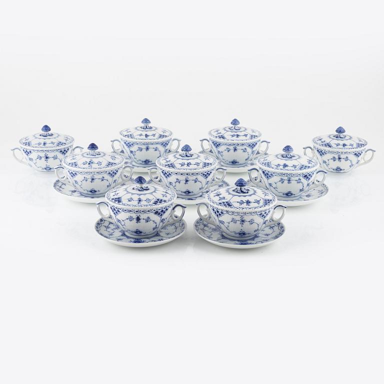 Royal Copenhagen, nine lidded porelain consommé cups, Musselmalet Half Lace", Denmark.